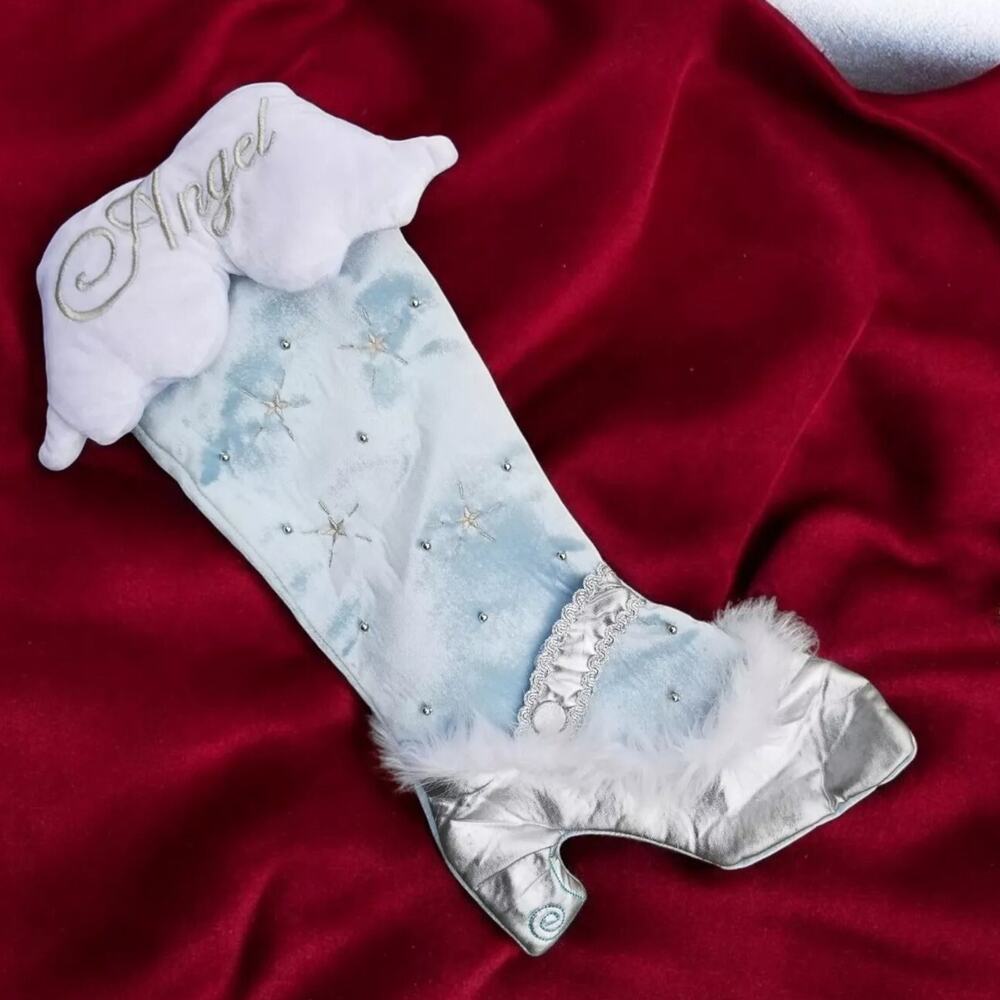 Angel Wings Christmas Stocking Dan Dee Faux Fur Trim Pale Blue Silver 17" Boot
